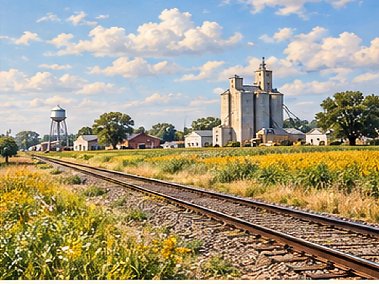 Railroad and grain elevators — artistic impression